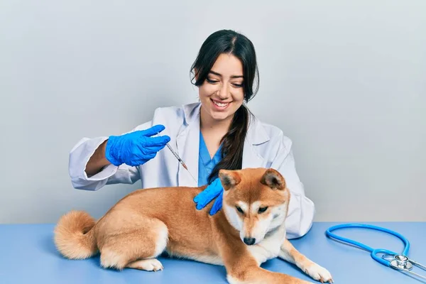 Hermosa Mujer Veterinaria Hispana Poniendo Vacuna Perro Cachorro Sonriendo Con — Foto de Stock
