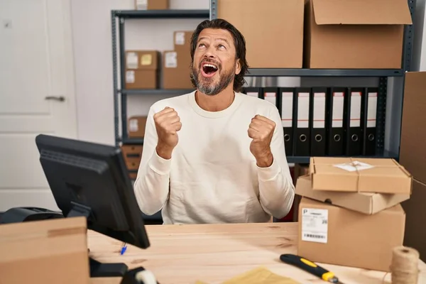 Handsome Middle Age Man Working Small Business Ecommerce Celebrating Surprised — Stok fotoğraf