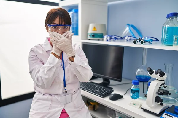 Young Brunette Woman Working Scientist Laboratory Shocked Covering Mouth Hands — Stock fotografie