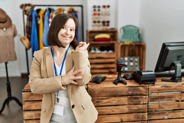 Young Syndrome Woman Working Manager Retail Boutique Big Smile Face — Fotografia de Stock