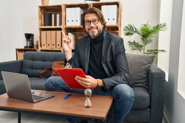 Handsome Middle Age Man Working Consultation Office Big Smile Face — Stock Photo, Image