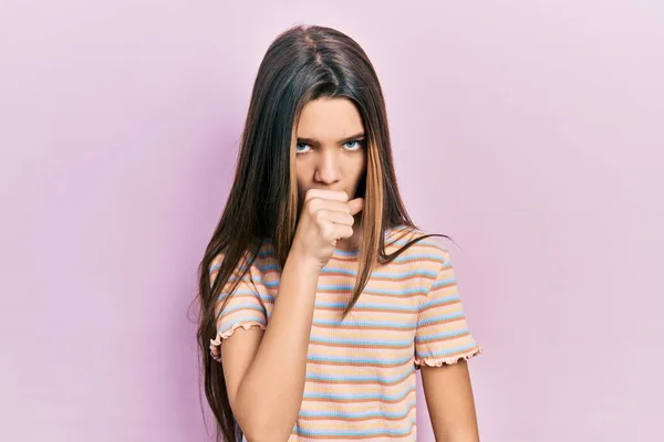 Young Brunette Girl Wearing Casual Striped Shirt Feeling Unwell Coughing — Photo