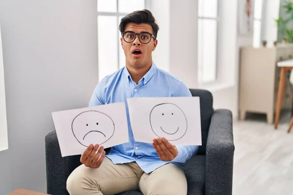 Hispanic Man Working Depression Holding Sad Happy Emotion Paper Shock — Stock Photo, Image