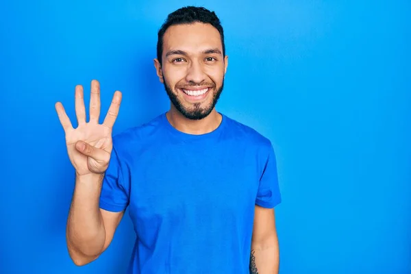 Hispanic Man Beard Wearing Casual Blue Shirt Showing Pointing Fingers — Foto Stock