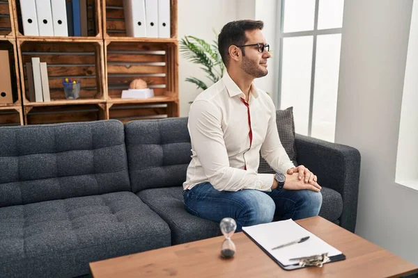 Young Hispanic Man Beard Working Consultation Office Looking Side Relax — Fotografia de Stock
