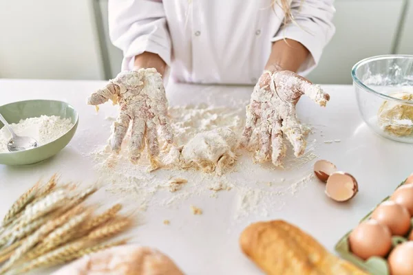 Young Woman Wearing Cook Uniform Kneading Flour Kitchen — Fotografia de Stock