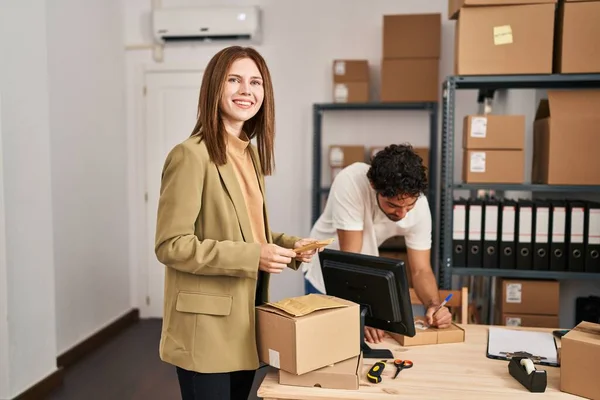 Man Woman Business Workers Smiling Confident Working Office — Foto de Stock