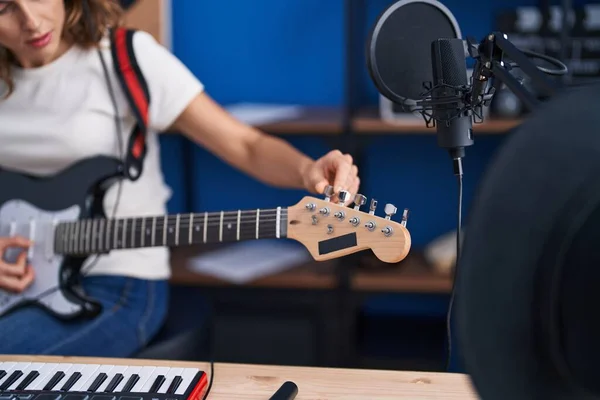 Young Woman Artist Playing Electrical Guitar Music Studio — 스톡 사진