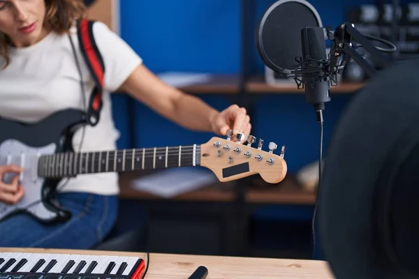 Young Woman Artist Playing Electrical Guitar Music Studio — Fotografia de Stock