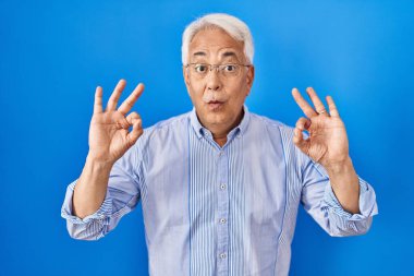 Hispanic senior man wearing glasses looking surprised and shocked doing ok approval symbol with fingers. crazy expression 