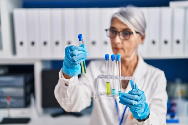 Middle Age Grey Haired Woman Scientist Holding Test Tubes Laboratory — Stock fotografie