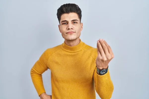 Young Hispanic Man Standing Blue Background Doing Italian Gesture Hand — Stock Photo, Image
