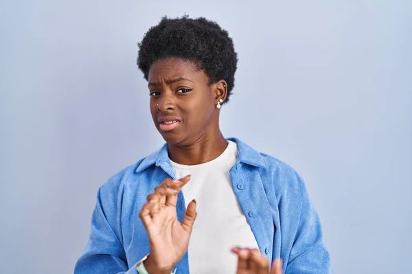 African American Woman Standing Blue Background Disgusted Expression Displeased Fearful — Fotografia de Stock
