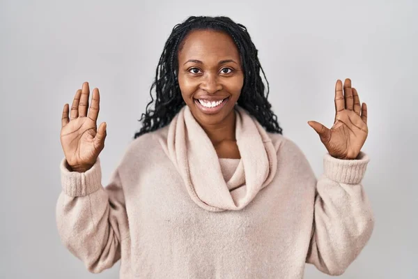 African Woman Standing White Background Showing Pointing Fingers Number Ten — Foto de Stock