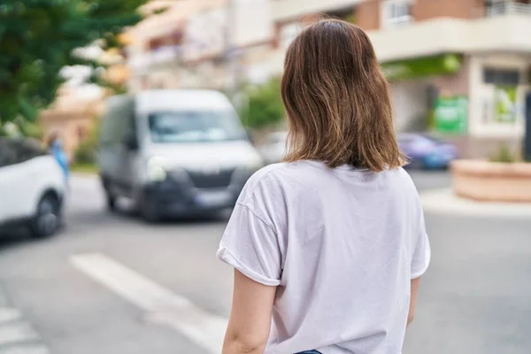 Young Woman Standing Back View Street — Zdjęcie stockowe