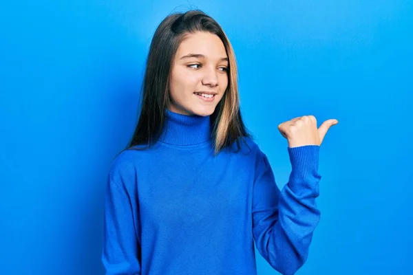 Young Brunette Girl Wearing Turtleneck Sweater Smiling Happy Face Looking — Fotografia de Stock