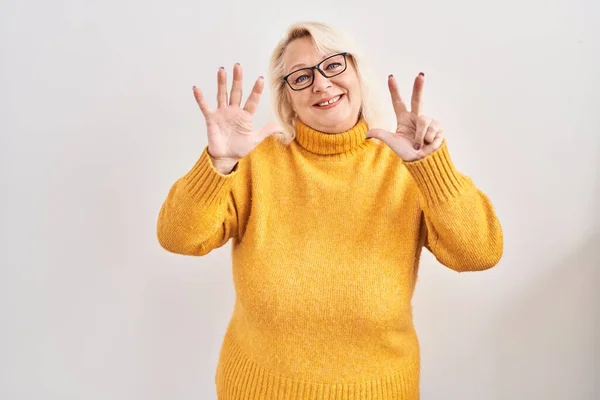 Middle Age Caucasian Woman Wearing Glasses Standing Background Showing Pointing — Stock fotografie