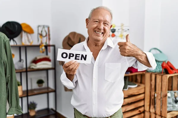 Senior Man Holding Banner Open Text Retail Shop Smiling Happy — Stockfoto