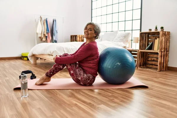 Middle Age Grey Haired Woman Training Fit Ball Sitting Floor — Photo