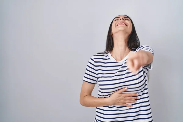 Young Brunette Woman Wearing Striped Shirt Laughing You Pointing Finger — Φωτογραφία Αρχείου