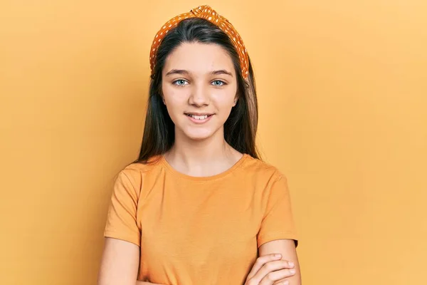 Young Brunette Girl Wearing Casual Orange Shirt Happy Face Smiling — Fotografia de Stock
