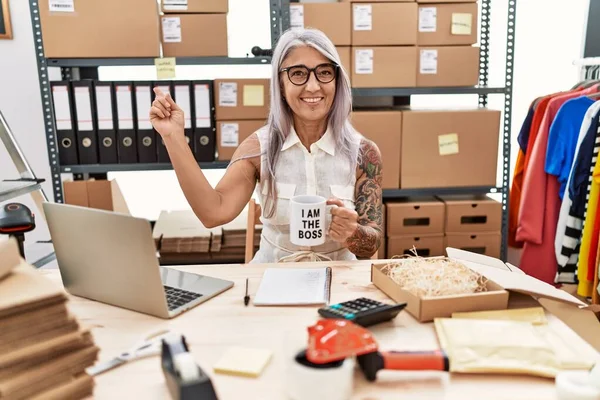 Middle Age Grey Haired Woman Working Office Drinking Cup Coffee — Stockfoto