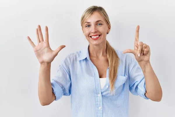 Beautiful Blonde Woman Standing White Background Showing Pointing Fingers Number — ストック写真