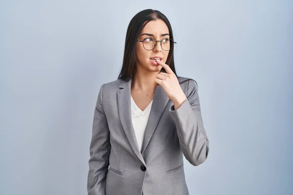 Hispanic Business Woman Wearing Glasses Looking Stressed Nervous Hands Mouth — Zdjęcie stockowe