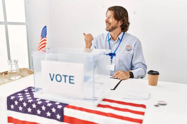 Handsome Middle Age Man Sitting Voting Stand Smiling Happy Face — Fotografia de Stock