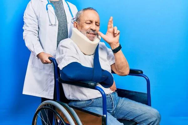 Handsome Senior Man Beard Sitting Wheelchair Neck Collar Gesturing Finger — Stok fotoğraf