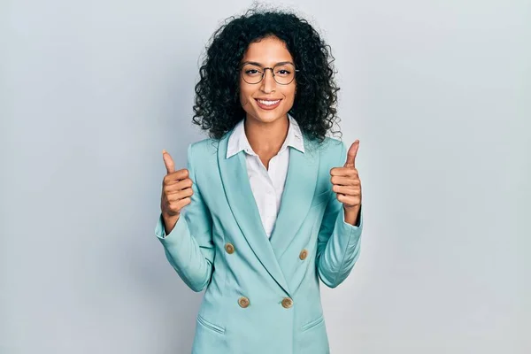 Young Latin Girl Wearing Business Clothes Glasses Success Sign Doing — Stok fotoğraf