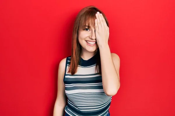 Redhead Young Woman Wearing Casual Shirt Covering One Eye Hand — Stock Photo, Image