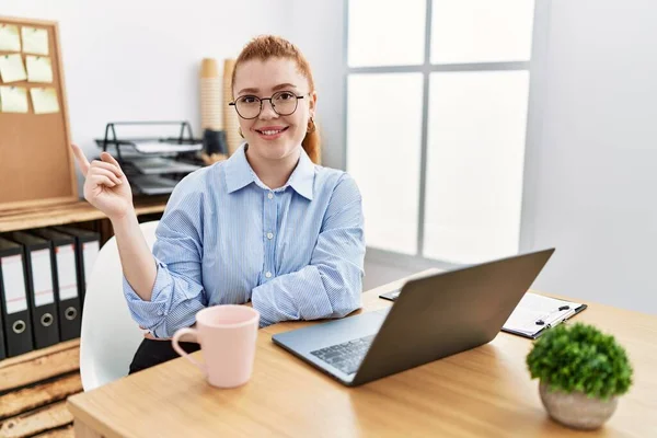 Young Redhead Woman Working Office Using Computer Laptop Big Smile — Stock Photo, Image