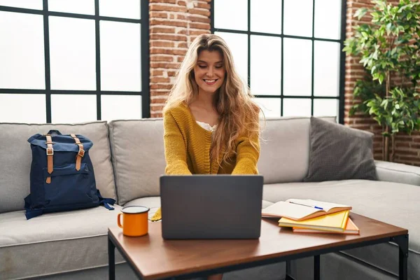 Young Blonde Woman Smiling Confident Studying Using Laptop Home — Stock Photo, Image