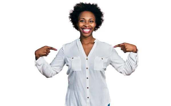 African American Woman Afro Hair Pointing Fingers Herself Smiling Happy — Zdjęcie stockowe