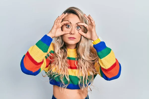 Beautiful Young Blonde Woman Wearing Colored Sweater Trying Open Eyes — 스톡 사진