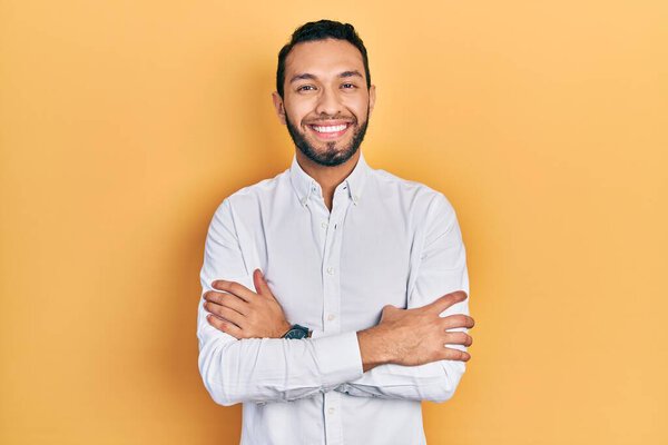 Hispanic Man Beard Wearing Business Shirt Happy Face Smiling Crossed — Foto de Stock