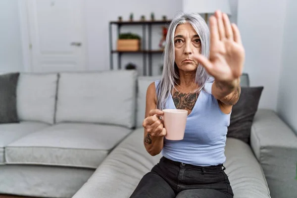 Middle Age Grey Haired Woman Drinking Coffee Sitting Sofa Home — Foto Stock