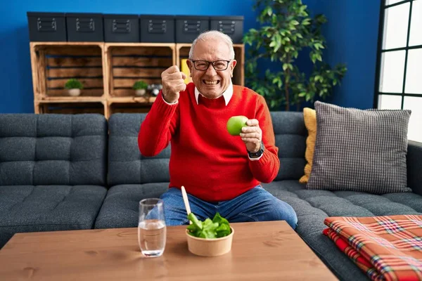 Senior Man Grey Hair Eating Salad Green Apple Annoyed Frustrated — Stock fotografie