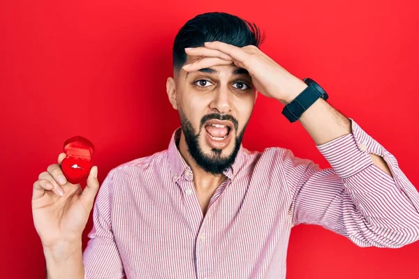 Handsome Man Beard Holding Engagement Ring Proposal Stressed Frustrated Hand — Stock fotografie