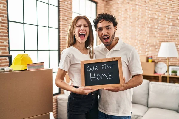 Young Two People Holding Blackboard First Home Text Angry Mad — Stockfoto