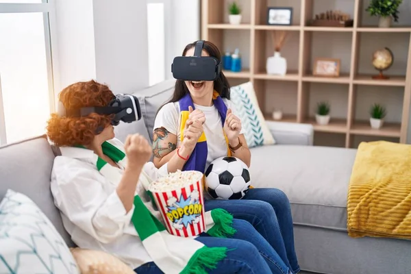 Two Women Mother Daughter Watching Soccer Match Using Glasses Home — 图库照片