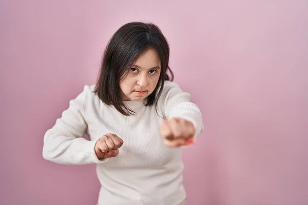 Woman Syndrome Standing Pink Background Punching Fist Fight Aggressive Angry — Stockfoto