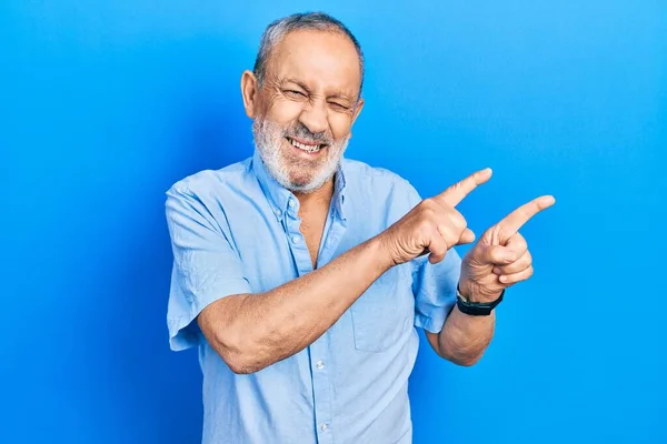 Handsome Senior Man Beard Wearing Casual Blue Shirt Smiling Looking — Photo
