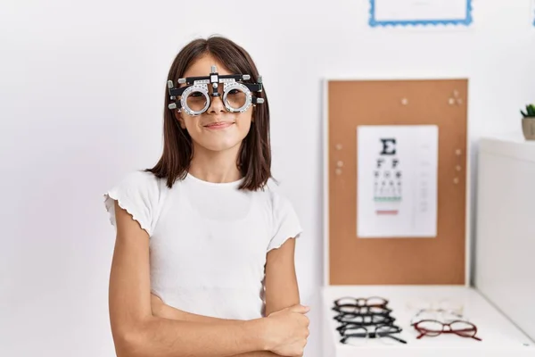 Young Hispanic Girl Wearing Optometry Glasses Happy Face Smiling Crossed —  Fotos de Stock