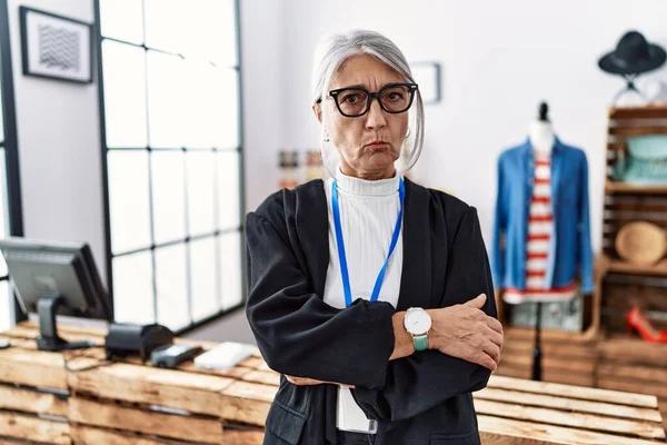 Middle Age Grey Haired Woman Working Manager Retail Boutique Skeptic — ストック写真