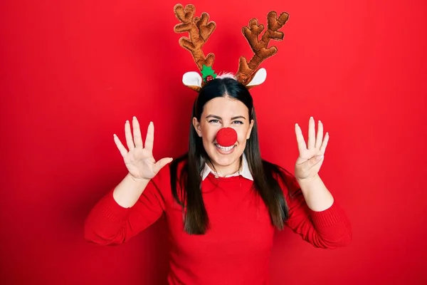 Young Hispanic Woman Wearing Deer Christmas Hat Red Nose Showing — Photo