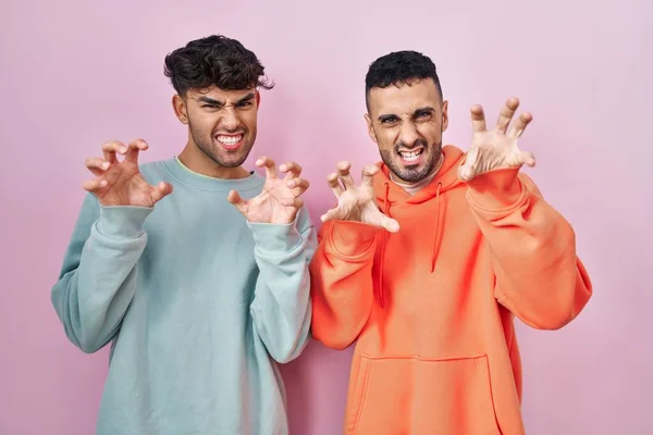 Young Hispanic Gay Couple Standing Pink Background Smiling Funny Doing — Stock Photo, Image