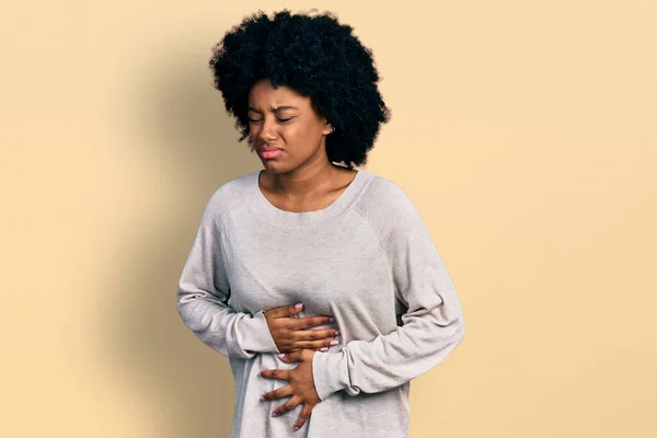 Young African American Woman Wearing Casual Clothes Hand Stomach Because — Stock Photo, Image