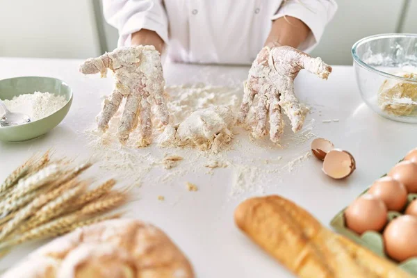 Young Woman Wearing Cook Uniform Kneading Flour Kitchen — Stockfoto